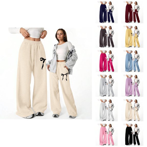 Baggy Sweatpants for Girls 2026 Casual Cute Bow Graphic Elastic Waist Straight Leg Lightweight Sweatpants with Pockets
