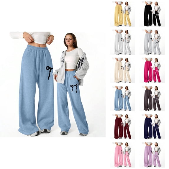 Baggy Sweatpants for Girls 2026 Casual Elastic Waist Cute Bow Printed Lightweight Straight Leg Sweatpants with Pockets