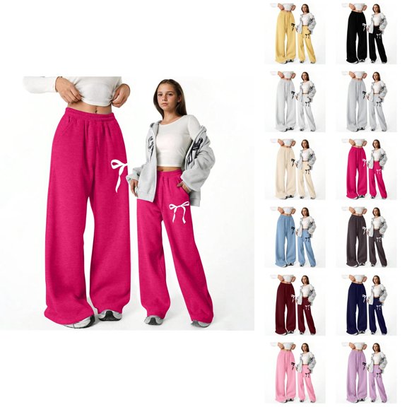 Baggy Sweatpants for Girls 2026 Casual Elastic Waist Cute Bow Printed Lightweight Straight Leg Sweatpants with Pockets