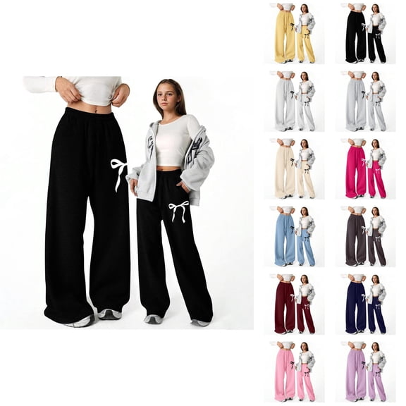 Baggy Sweatpants for Girls 2026 Casual Elastic Waist Cute Bow Printed Lightweight Straight Leg Sweatpants with Pockets