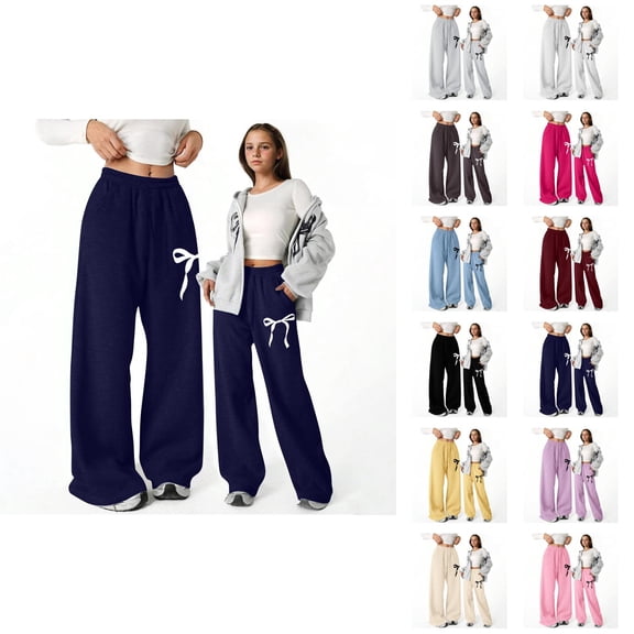 Baggy Sweatpants for Girls 2026 Casual Elastic Waist Cute Bow Printed Straight Leg Lightweight Sweatpants with Pockets