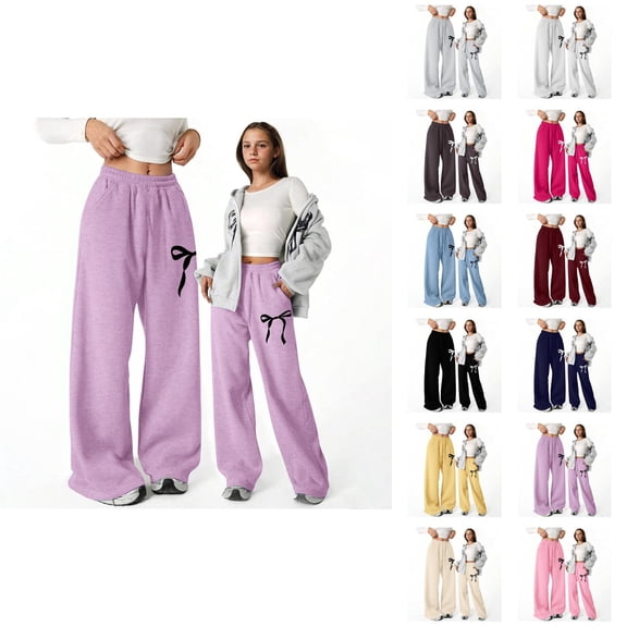 Baggy Sweatpants for Girls 2026 Casual Elastic Waist Cute Bow Printed Straight Leg Lightweight Sweatpants with Pockets