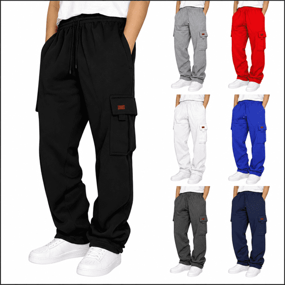 Baggy Sweatpants for Men Cargo Straight Leg Pants Drawstring Elastic Waist Loose Fit Open Bottom Utility Trousers Pockets