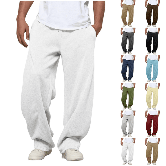 Baggy Sweatpants for Men Drawstring Elastic Waist Casual Pants Loose Workout Gym Track Pants with Pockets White L