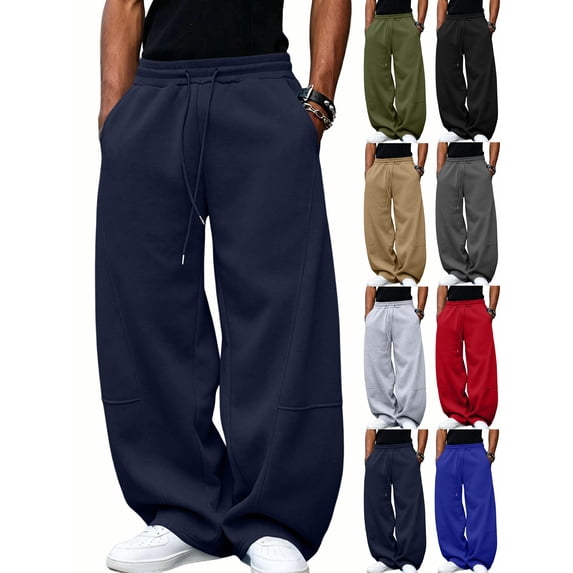Baggy Sweatpants for Men,Drawstring Elastic Waist Wide Leg,Casual Loose Fit Pants with Pockets for Daily Commute