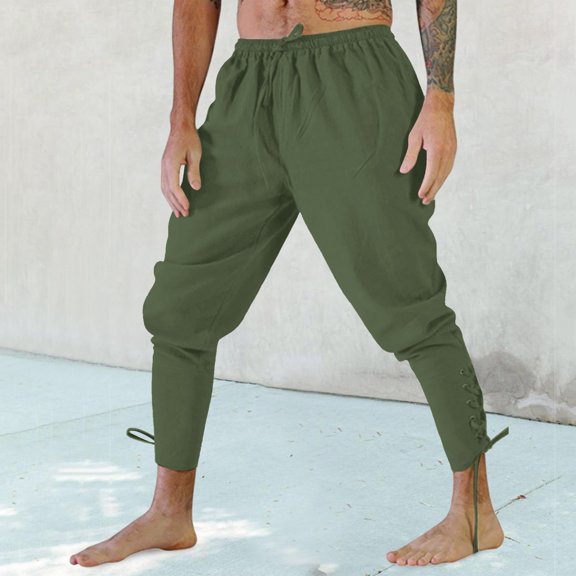 Baggy Sweatpants for Men Solid Color Mid Waisted Fashion Loose Long Pant Retro Ankle Strap Lace Up Leggings Pants Outdoor Running Athleisure Pants