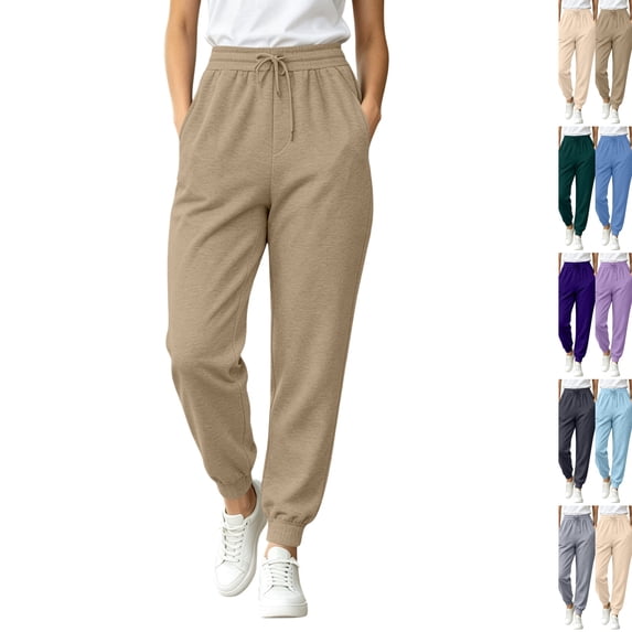 Baggy Sweatpants for Women Casual Drawstring Sweat Pants Elastic High Waist Joggers Lounge Bottoms with Pockets Khaki S