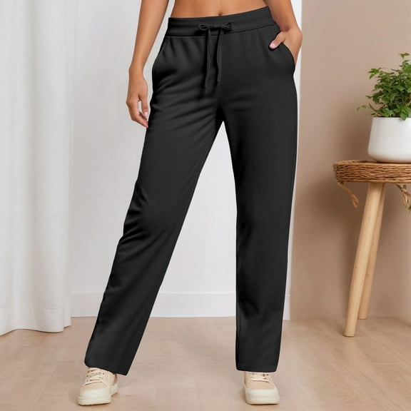 Baggy Sweatpants for Women Solid Color Mid Waisted Straight Leg Pants Elastic Waistband Comfortable Trousers Travel Hiking Fall Pants with Pockets