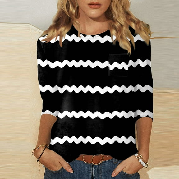 Baggy T Shirts For Women Casual Versatile Regular Stripe Print Round Neck Shirt Top Fall Basic Blouses Vacation Clothes