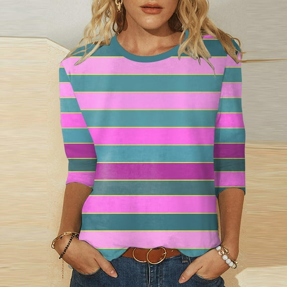 Baggy T Shirts For Women Classic Stripe Print Casual Crew Neck Tunic Tops Business Casual Fall Basic Work Tee Vacation Clothes