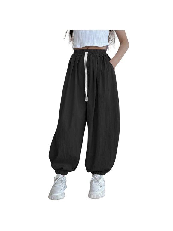 Baggy Wide Leg Pants Girls Cotton Barrel Pants Sun Protection Mosquito Proof Mid Waisted Balloon Pants with Pockets 5-15Y Black