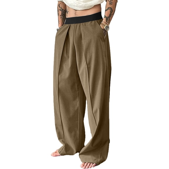 Baggy Wide Leg Pants For Men Contrast Wide Elastic Waist Wide Leg Dress Pants Loose Pleated Front Drapey Casual Suit Trousers With Side Pockets Lightweight Wrinkle Resistant Bottoms