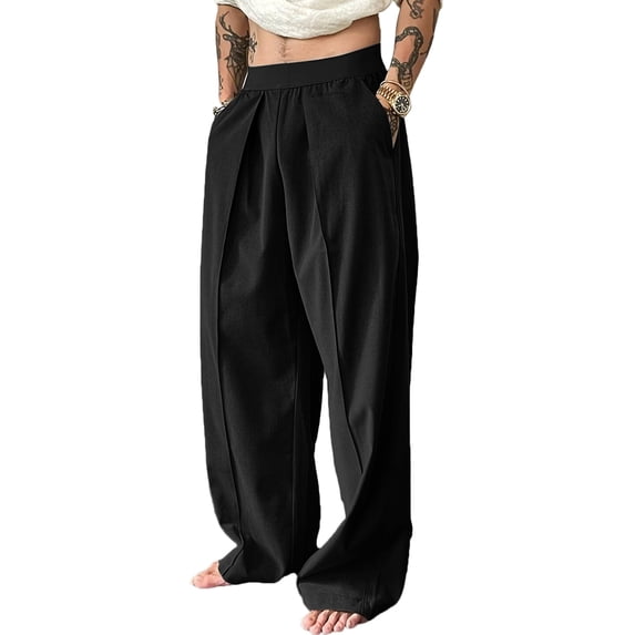 Baggy Wide Leg Pants For Men Contrast Wide Elastic Waist Wide Leg Dress Pants Loose Pleated Front Drapey Casual Suit Trousers With Side Pockets Lightweight Wrinkle Resistant Bottoms