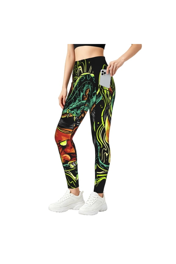 Baggy Yoga Pants Workout Athletic Gym Leggings Tummy Control Tights, Devil Snake Demon Japanese