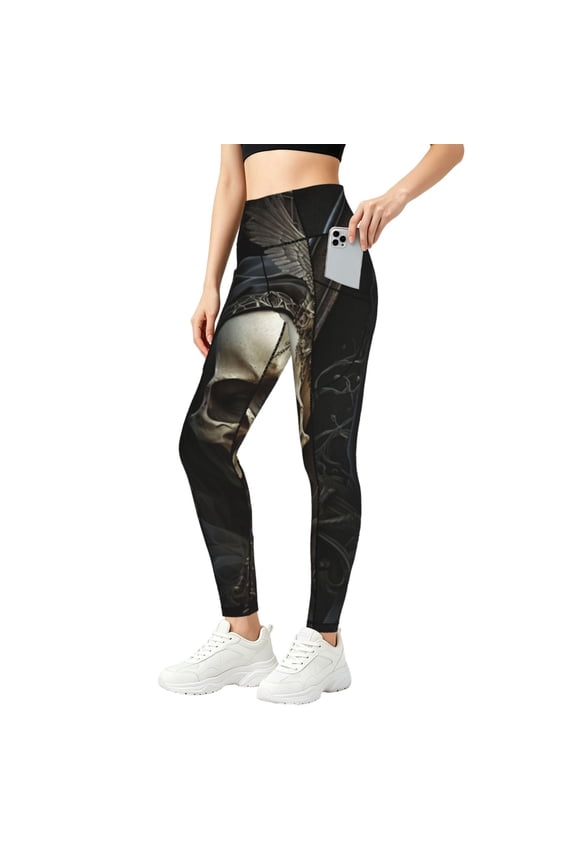 Baggy Yoga Pants Workout Athletic Gym Leggings Tummy Control Tights, Gothic Witchy Skull Black