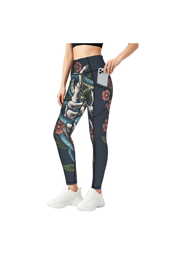 Baggy Yoga Pants Workout Athletic Gym Leggings Tummy Control Tights, Snake Hand Bones Skull Flower