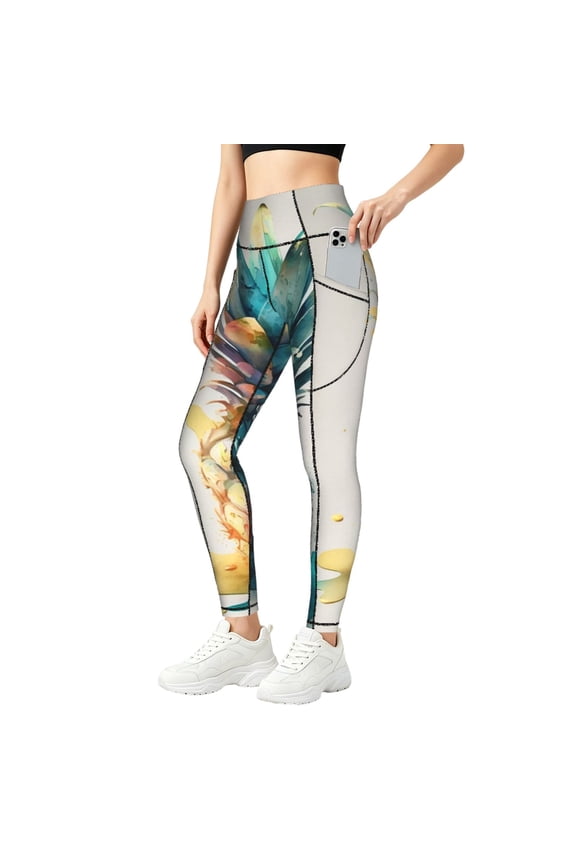 Baggy Yoga Pants Workout Athletic Gym Leggings Tummy Control Tights, Watercolor Pineapple Art