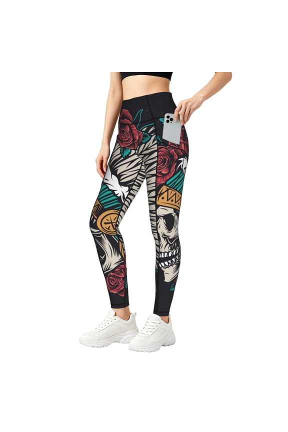 Baggy Yoga Pants Workout Athletic Gym Leggings Tummy Control Tights, Wild West Vintage Indian Skull Rose