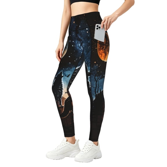 Baggy Yoga Pants Workout Athletic Gym Leggings Tummy Control Tights, Wolf Howling Wolves Moon Night Stars