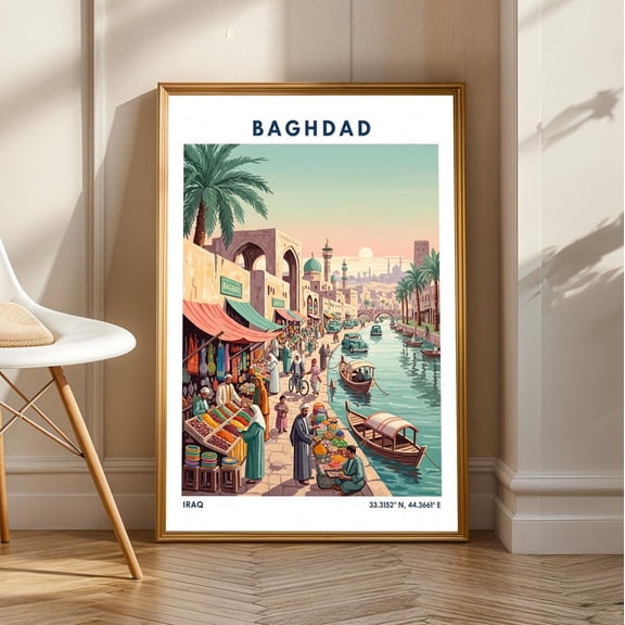 Baghdad Market Scene Poster: Middle Eastern Travel Art Print, Stretched Canvas Size 16x24