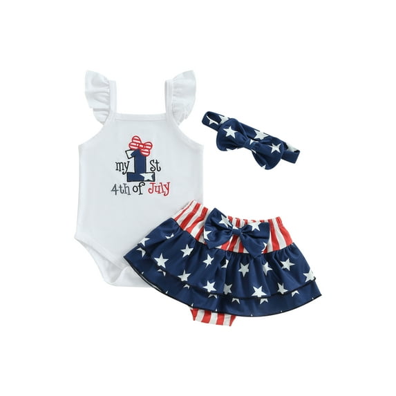 Bagilaanoe 0-18M Baby Girl 4th of July Outfits Infant Independence Day Sleeveless Letter Print Romper Tops Stars Shorts Headband Summer Clothes Set