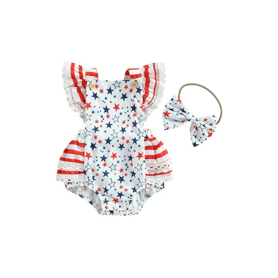 Bagilaanoe 0-18M Infant Baby Girl 4th of July Clothes Independence Day Outfits Stars Stripes Print Romper Sleeveless Playsuit with Headband Summer Clothing