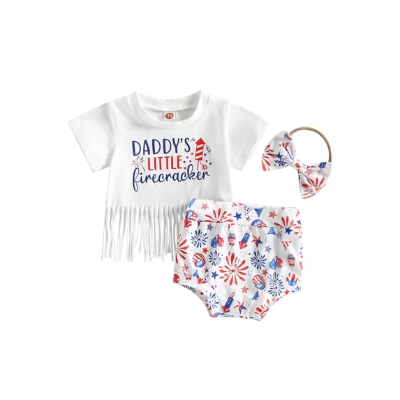 Bagilaanoe 0-24M Baby Girl 4th of July Outfits Infant Independence Day Short Sleeve Letter Print Tee Tops Shorts Headband Summer Clothes Set