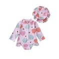 thumbnail image 1 of Bagilaanoe Newborn Baby Girl One-Piece Swimsuit Print Long Sleeve Zipper Rashguard Swimwear + Hat 6M 12M 18M 24M Infant Ruffle Ruffle Bathing Suit, 1 of 9