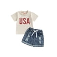 thumbnail image 1 of Bagilaanoe 0-3T Baby Girl 4th of July Outfits Infant Independence Day Short Sleeve Letter Print Tees Tops Ripped Denim Shorts Summer Clothes Set, 1 of 8