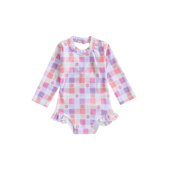 Bagilaanoe 1-5T Baby Girl One Piece Swimsuits Kids Rush Guard Swimshirts Quick Dry Long Sleeve Swim Shirt Toddler Swimwear Bathing Suit Ruffled Beachwear
