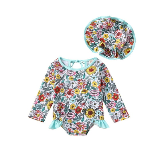 Bagilaanoe 1-5T Baby Girl One Piece Swimsuits Kids Zipper Rush Guard Swimshirts + Hat Quick Dry Long Sleeve Swim Shirt Toddler Swimwear Bathing Suit Ruffled Beachwear