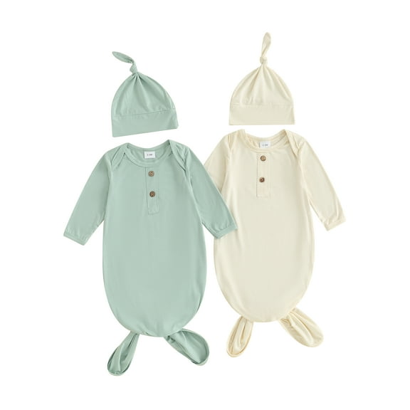 Bagilaanoe 2 Packs Newborn Boy Girl Sleeping Sack 0-3M Baby Solid Color Long Sleeve Wearable Blanket Infant Swaddle Sleep Bag   Beanie Hat Set