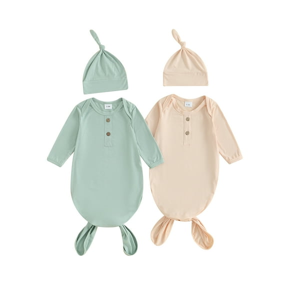 Bagilaanoe 2 Packs Newborn Boy Girl Sleeping Sack 0-3M Baby Solid Color Long Sleeve Wearable Blanket Infant Swaddle Sleep Bag + Beanie Hat Set