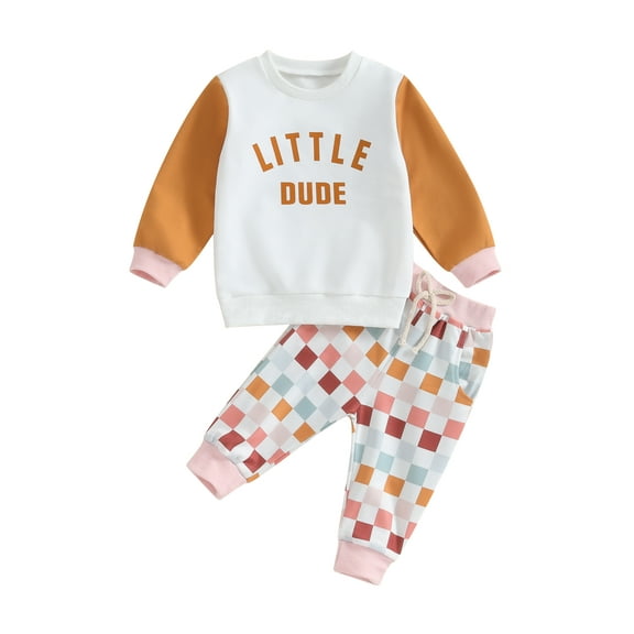 Bagilaanoe 2PCS Baby Boy Pants Set Toddler Letter Print Long Sleeve Sweatshirt  Tops   Plaid Sweatpants 6M 12M 18M 24M 3T 4T Kids Casual Sweatsuits