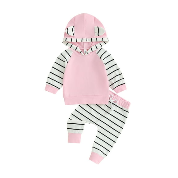 Bagilaanoe 2PCS Baby Girl Pants Set Newborn Contrast Color Long Sleeve Hoodie Sweatshirt Tops + Sweatpants 6M 12M 18M 24M Infant Casual Sweatsuits
