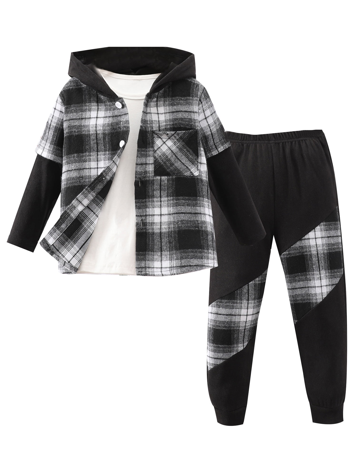 Bagilaanoe 2PCS Little Boy Pants Set Toddler Plaid Long Sleeve Hoodies