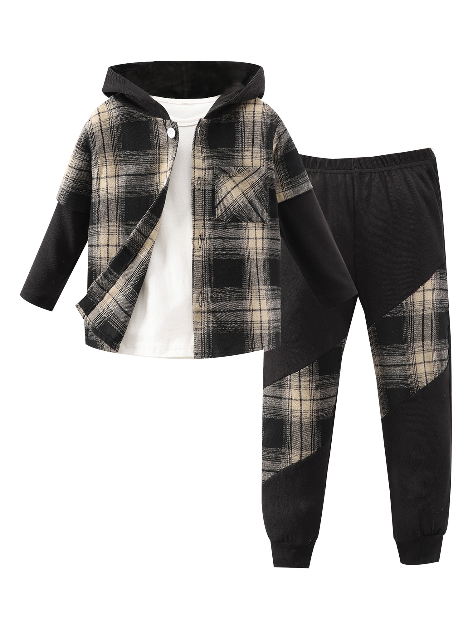 Bagilaanoe 2PCS Little Boy Pants Set Toddler Plaid Long Sleeve Hoodies