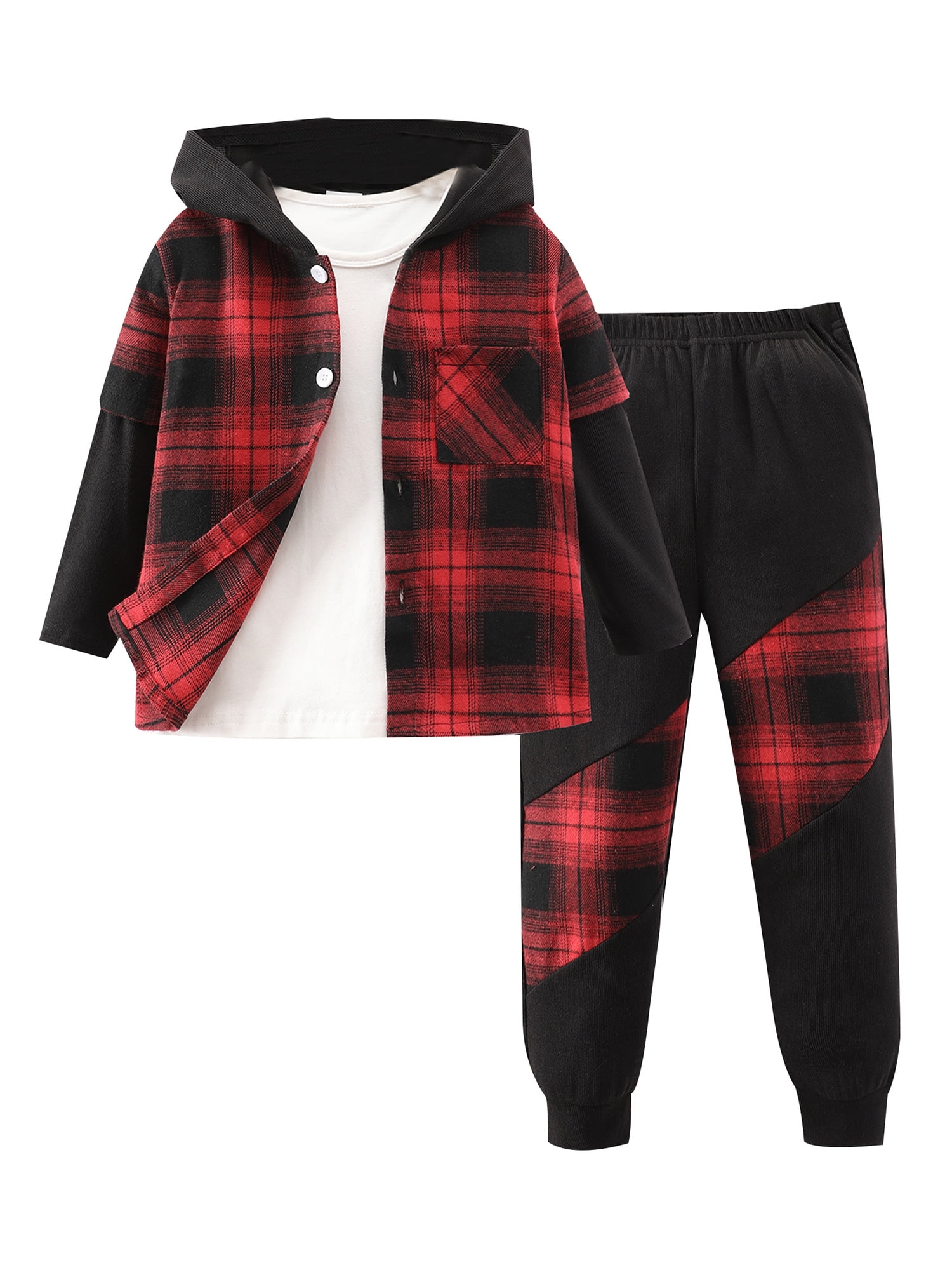 Bagilaanoe 2PCS Little Boy Pants Set Toddler Plaid Long Sleeve Hoodies