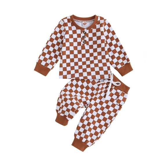 Bagilaanoe 2PCS Toddler Baby Boy Long Pants Set Checkerboard Print Long Sleeve Sweatshirt Pullover Tops Drawstring Sweatpants 6M 12M 18M 24M 3T Kids Casual Sweatsuits