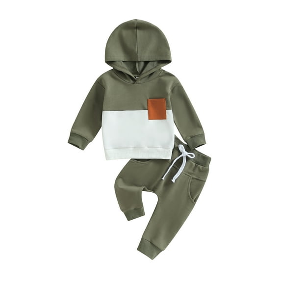 Bagilaanoe 2PCS Toddler Baby Boy Long Pants Set Contrast Color Long Sleeve Hooded Pullover Tops + Drawstring Sweatpants 6M 12M 18M 24M 3T Kids Casual Sweatsuits