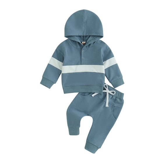 Bagilaanoe 2PCS Toddler Baby Boy Long Pants Set Contrast Color Long Sleeve Hooded Sweatshirt Tops + Drawstring Sweatpants 6M 12M 18M 24M 3T Kids Casual Sweatsuits