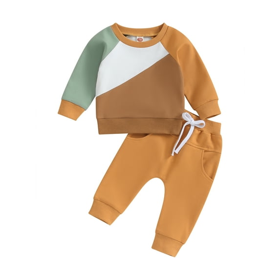 Bagilaanoe 2PCS Toddler Baby Boy Long Pants Set Contrast Color Long Sleeve Sweatshirt Pullover Tops + Sweatpants 6M 12M 18M 24M 3T Kids Casual Sweatsuits
