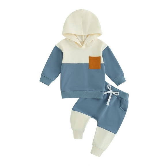 Bagilaanoe 2PCS Toddler Baby Boy Long Pants Set Contrast Color Long Sleeve Hoodie Sweatshirt Tops   Drawstring Sweatpants 6M 12M 18M 24M 3T Kids Casual Sweatsuits