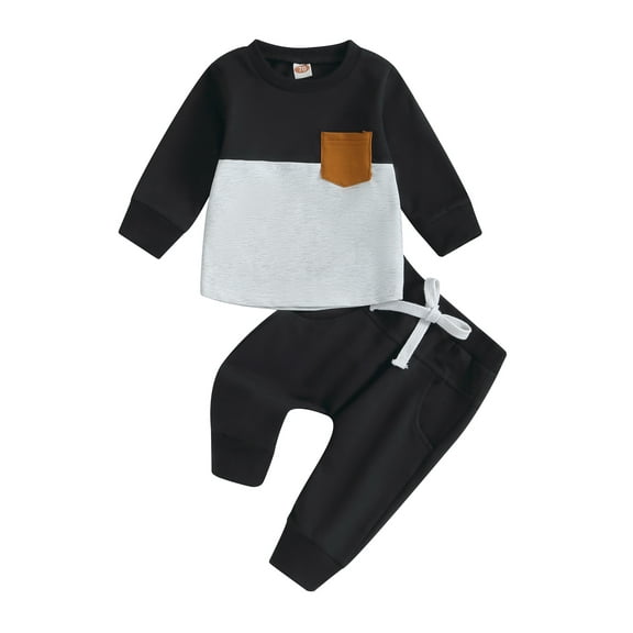 Bagilaanoe 2PCS Toddler Baby Boy Long Pants Set Contrast Color Long Sleeve Pullover Tops + Drawstring Sweatpants 6M 12M 18M 24M 3T Kids Casual Sweatsuits