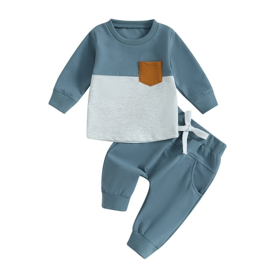 Bagilaanoe 2PCS Toddler Baby Boy Long Pants Set Contrast Color Long Sleeve Pullover Tops + Drawstring Sweatpants 6M 12M 18M 24M 3T Kids Casual Sweatsuits