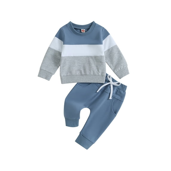 Bagilaanoe 2PCS Toddler Baby Boy Long Pants Set Contrast Color Long Sleeve Sweatshirt Pullover Tops + Drawstring Sweatpants 6M 12M 18M 24M 3T Kids Casual Sweatsuits