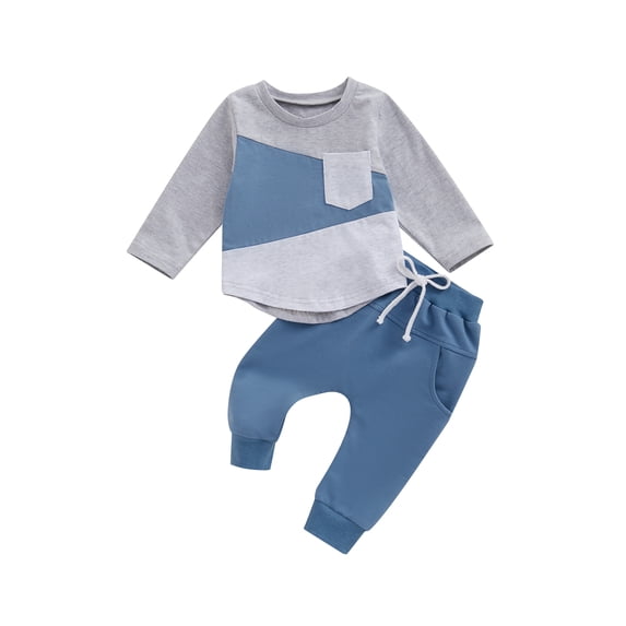 Bagilaanoe 2PCS Toddler Baby Boy Long Pants Set Contrast Color Long Sleeve Sweatshirt Pullover Tops + Sweatpants 6M 12M 18M 24M 3T Kids Casual Sweatsuits