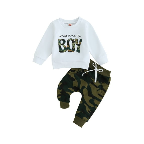 Bagilaanoe 2PCS Toddler Baby Boy Long Pants Set Letter Print Long Sleeve Sweatshirt Pullover Tops + Camouflage Sweatpants 6M 12M 18M 24M 3T Kids Casual Sweatsuits