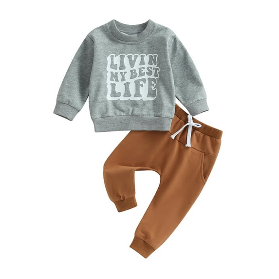 Bagilaanoe 2PCS Toddler Baby Boy Long Pants Set Letter Print Long Sleeve Sweatshirt Pullover Tops + Drawstring Sweatpants 6M 12M 18M 24M 3T Kids Casual Sweatsuits