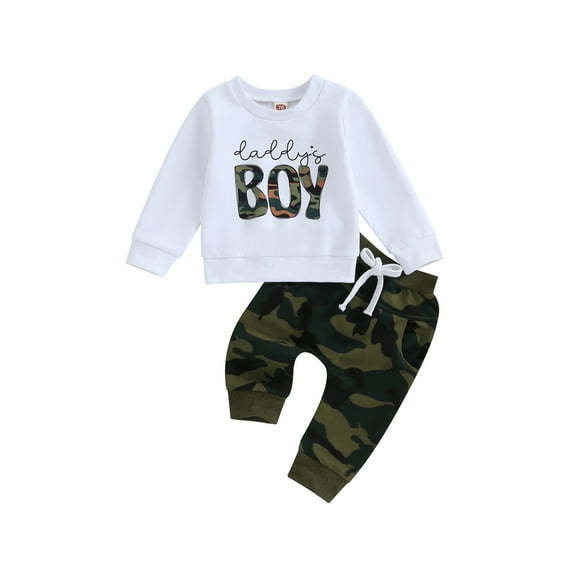 Bagilaanoe 2PCS Toddler Baby Boy Long Pants Set Letter Print Long Sleeve Sweatshirt Tops + Camouflage Sweatpants 6M 12M 18M 24M 3T Kids Casual Sweatsuits